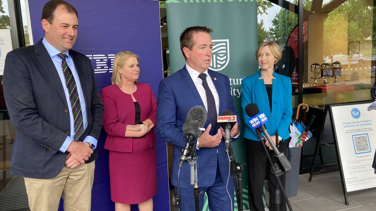 GREAT NEWS: Deputy Premier, Paul Toole, at Charles Sturt University for the announcement. He is standing with Sam Farraway, Katrina Troughton, IBM and Renee Leon, Vice Chancellor, Charles Sturt University.