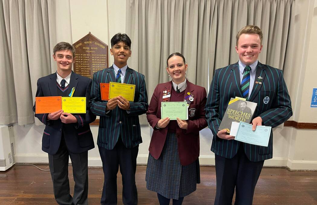 CWA WINNERS: James Burgess, Scots All Saints College, highly commended
Shubhang Nagar, Kinross Wolaroi, highly commended, Stella Hall, MacKillop College, second place, Toby Gough, Kinross Wolaroi, first place.