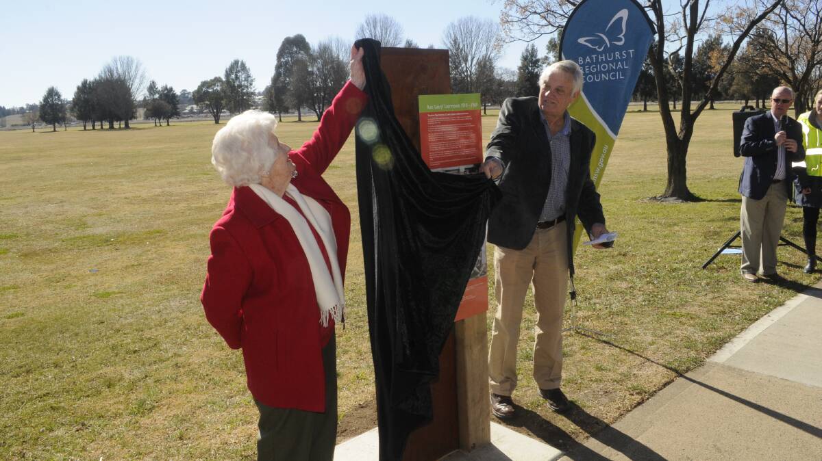 UNVEILING: Marg Allen (nee Learmonth) with her brother Rob Learmonth unveiling the sign at Learmonth Park, on Sunday morning. Photos: Chris Seabrook