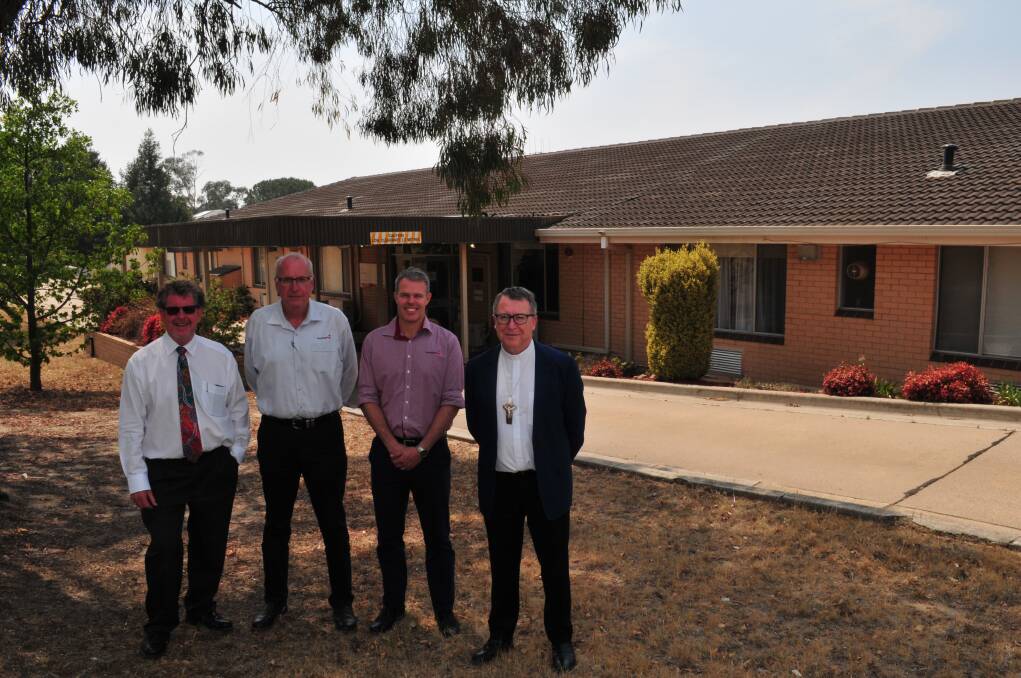 EMERGENCY ACCOMMODATION: Father Paul Devitt, Gary Wright, Housing Plus, Justin Cantelo, Housing Plus, Acting CEO, and Catholic Bishop of Bathurst, the Most Reverend Michael McKenna, outside the former Opal Aged Care Facility, which will be used for emergency accomodation.