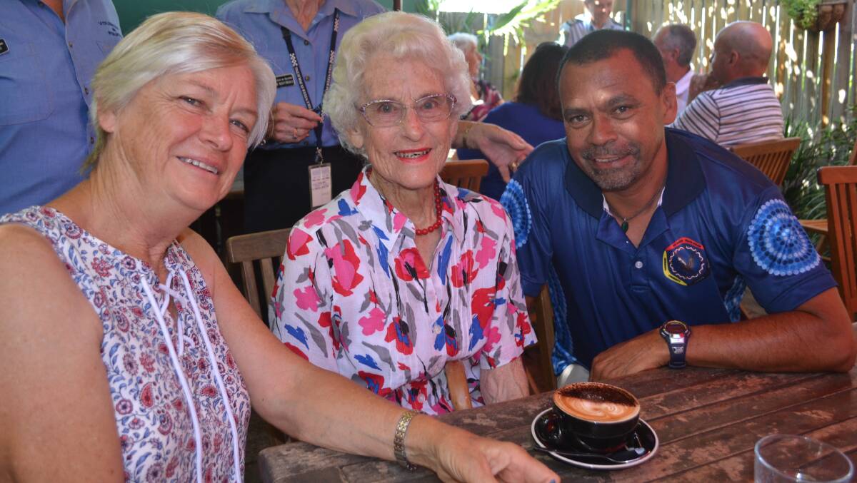 GREAT DAY: Lyn Fuller, Norma Paterson and Percy Raveneau (ACLO) at the Coffee with a Cop on Thursday.