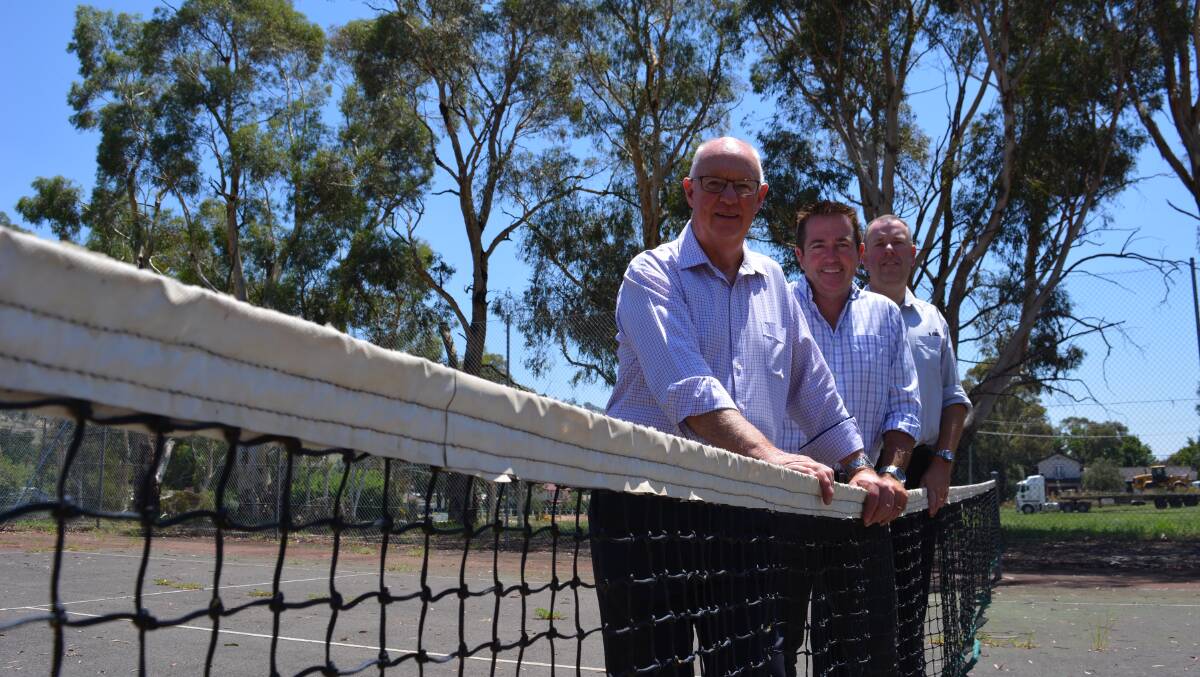 GREAT NEWS:  Mayor of Bathurst Graeme Hanger, Paul Toole, MP and city engineer Darren Sturgiss, pictured at the Town Square courts.