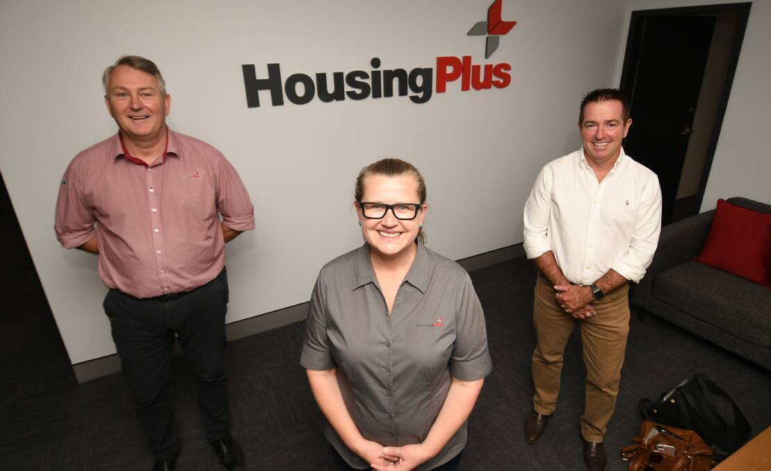 SUPPORT SERVICE: David Fisher and Penny Dordoy (Housing Plus) with Paul Toole, who recently announced $200,000 in state government funding to build crisis accommodation in Bathurst for women and children escaping domestic violence. 