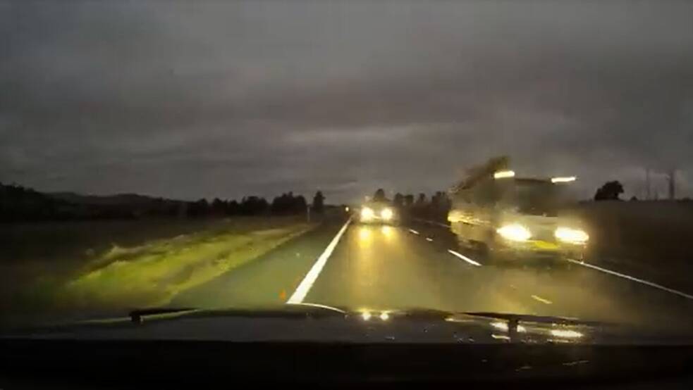 TERRIFYING: Still taken from the dashcam footage which shows Emma Dauvin narrowly avoid a head-on crash on the Mitchell Highway.