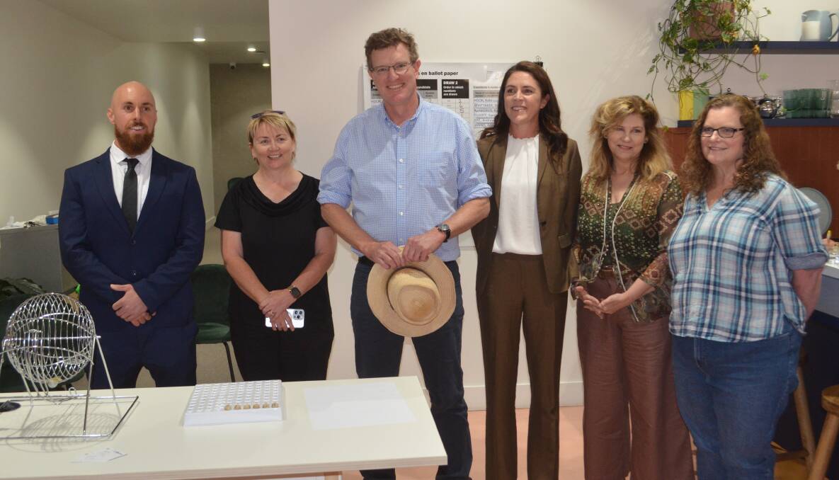 SET IT STONE: Adam Jannis, Stacey Whittaker, Andrew Gee, Kate Hook, Kay Nankervis and Sarah Elliott were all in attendance for the Calare ballot draw. 