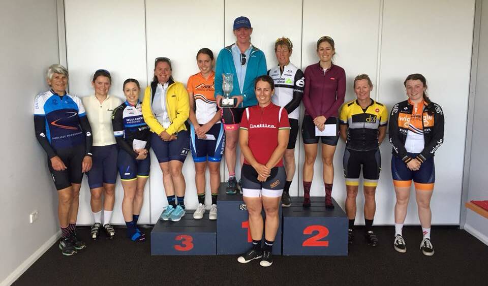 GREAT FIELD: Claire Kirby (top, centre) stands proudly with the Toireasa Gallagher Handicap trophy flanked on either side by Kalinda Robinson (second) and Marian Renshaw (third). Photo: BATHURST CYCLING CLUB FACEBOOK