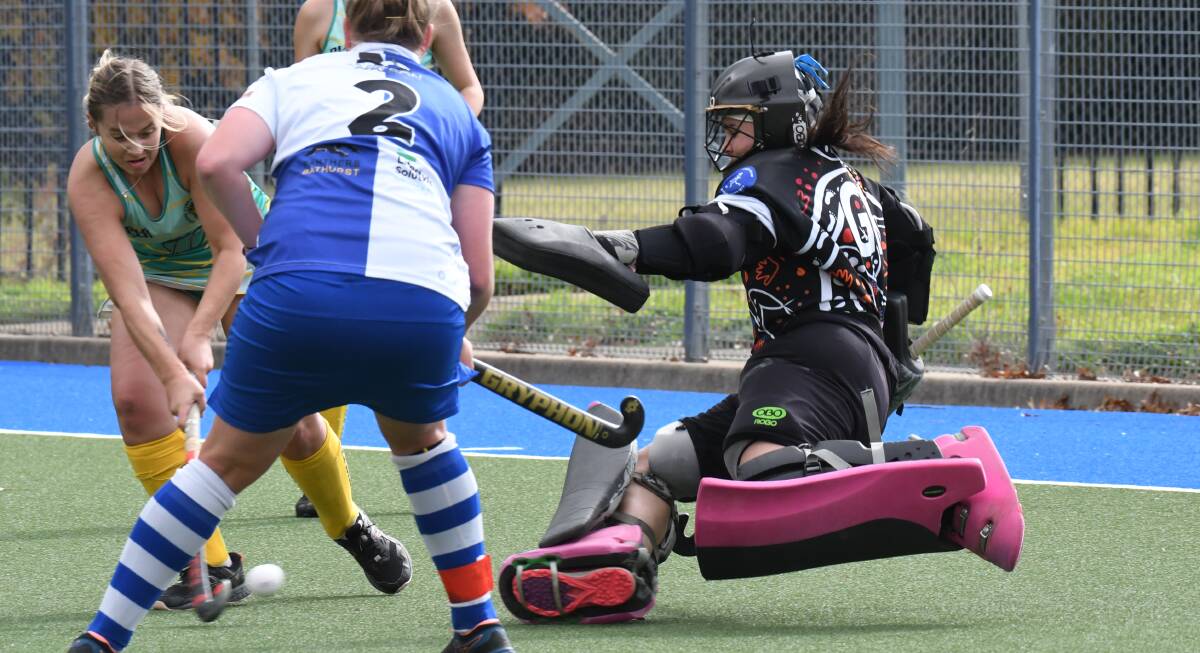 NO YOU DON'T: St Pat's goalkeeper Lili-Rae Campbell comes out to make a stop during Saturday's game against CYMS. Nothing got past the Saints stopper in a 4-0 win. Photo: CARLA FREEDMAN