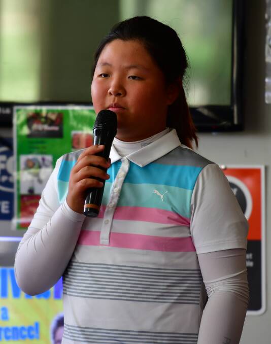 GIRLS WINNER: Ju Jang gives her winner's speech at the Bathurst Golf Club. Photo: ALEXANDER GRANT