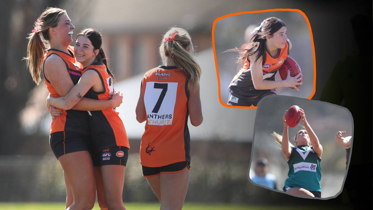 Olivia Johnston (main, left) kicked all four of the Bathurst Giants' goals in their preliminary final derby win. Pictures by Phil Blatch.