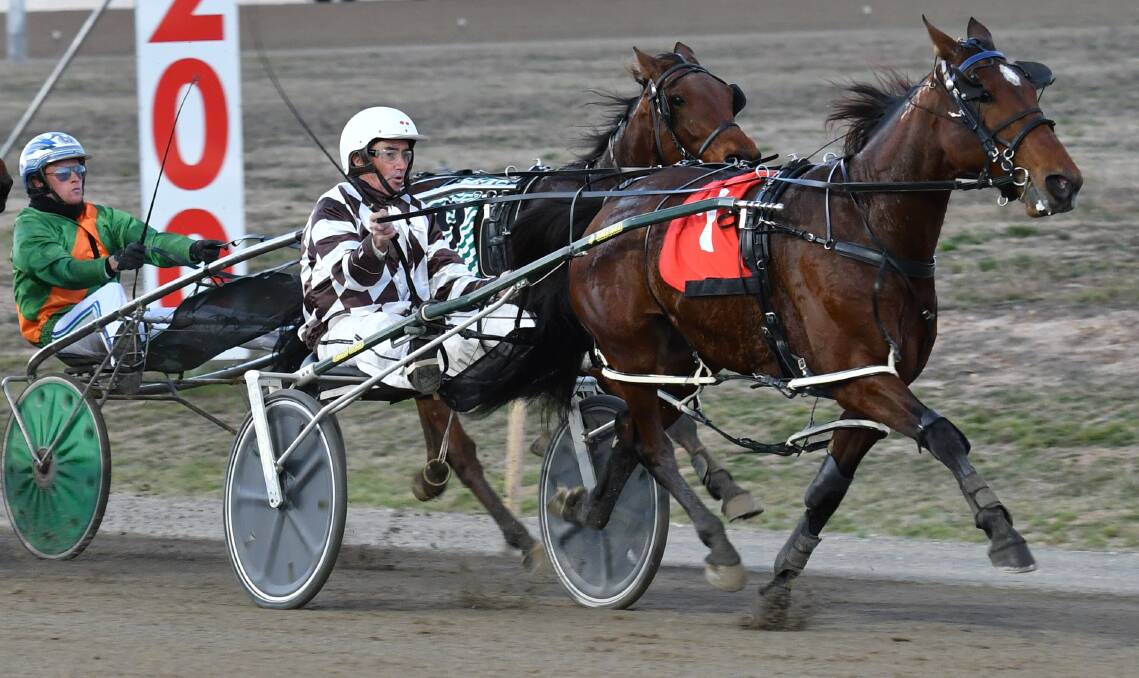 HOLDING ON: Holm Three leads the field home in Wednesday night's G32 Yealing Payments Due 30th June Pace (1,730 metres) at Bathurst Paceway. Photo: ALEXANDER GRANT