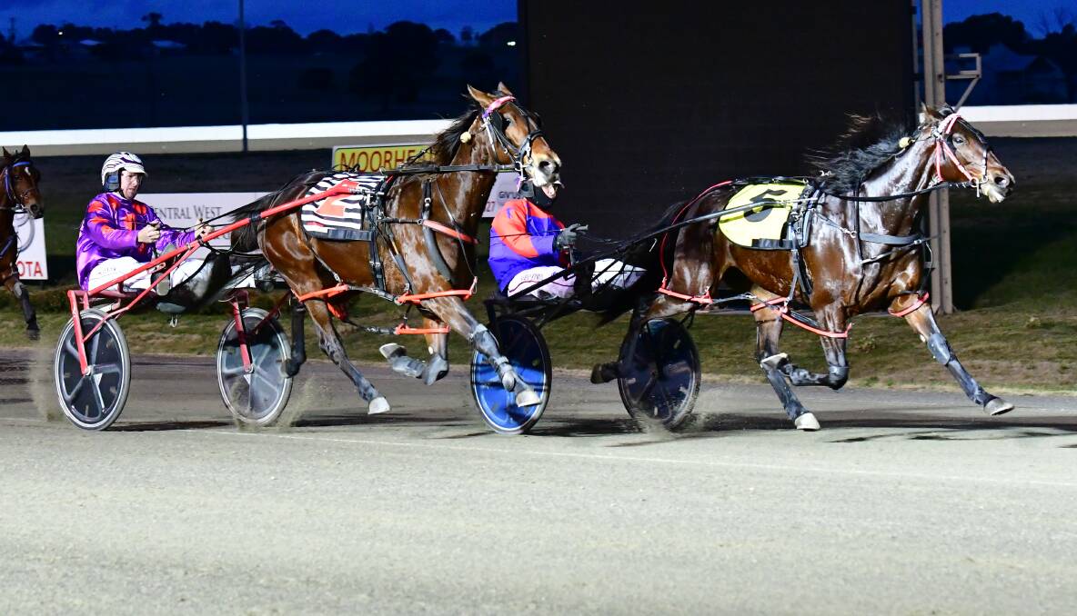MARE ON A MISSION: Promise To Rock (right) held off the challenge from Infinity Beach in the opening race of Wednesday night's meeting at Bathurst Paceway. Photo: ALEXANDER GRANT
