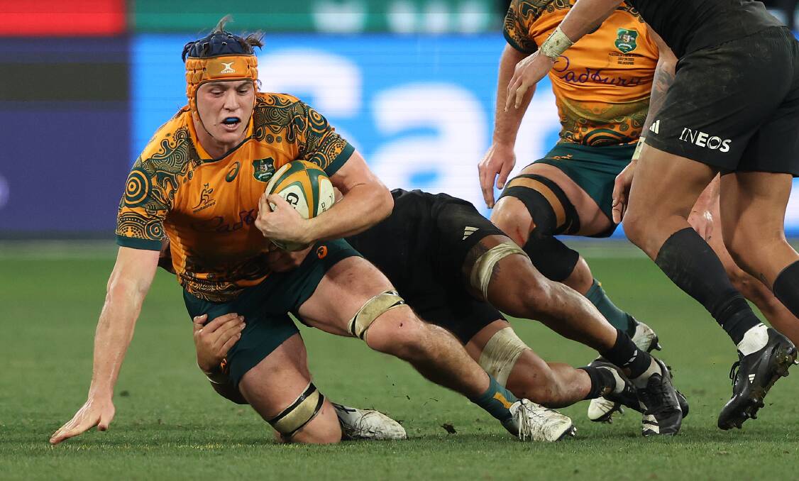 Tom Hooper scored his debut try for the Wallabies in their second Bledisloe Cup game in Dunedin. Picture by Getty Images.
