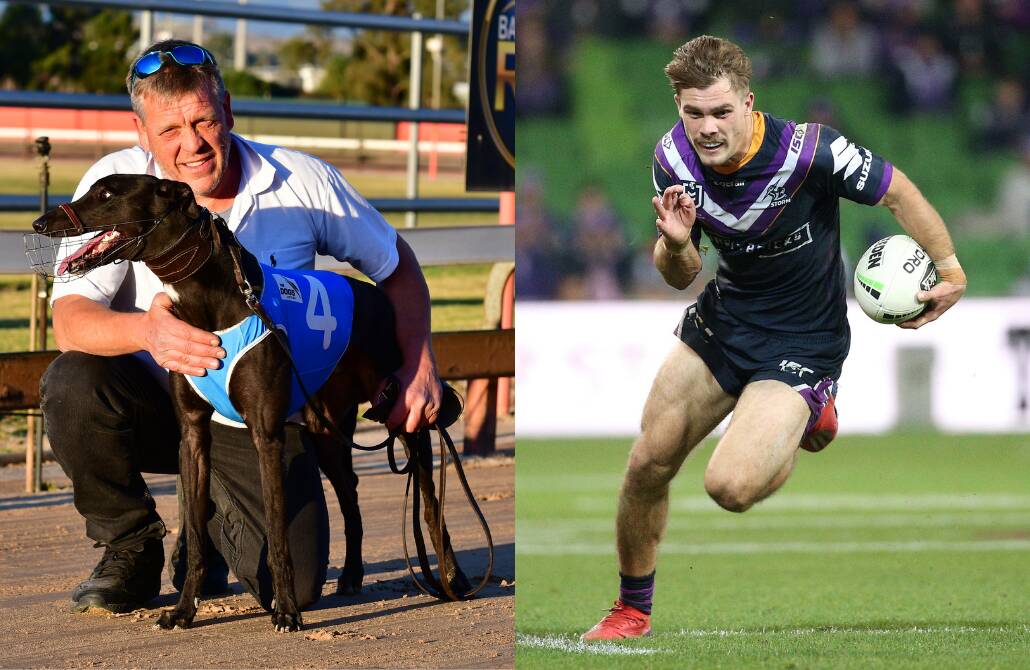 THUNDEROUS: John Chapman with his winning greyhound Gary's Gift, owned by Melbourne Storm fullback Ryan Papenhuyzen. Photos: ALEXANDER GRANT/AP