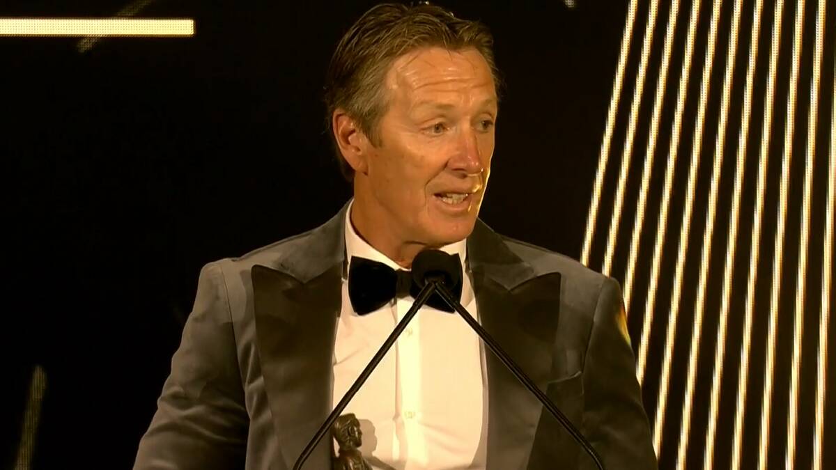 NUMBER SIX: Craig Bellamy accepts his Dally M Coach of the Year award on Monday night. It's the sixth award win for the Portland native. Photo: NRL.COM
