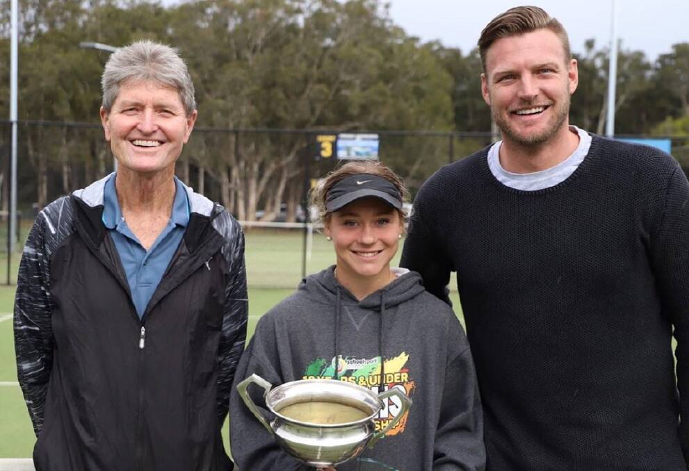 VICTORY: Grace Schumacher (centre) with coach Kim Warwick and current Australian professional Sam Groth. Photo: CONTRIBUTED