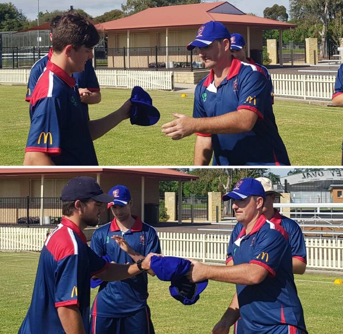 GREAT MOMENT: Matt Stephen presents caps to fellow Bathurst players Ben Mitchell and Nic Broes prior to Friday's opening Country Championships game against North Coastal.