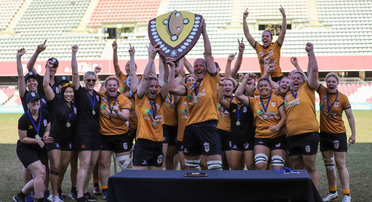 NSW Country Corellas hoist the Australian Rugby Shield after their grand final victory. Picture by NSW Country Rugby Union.