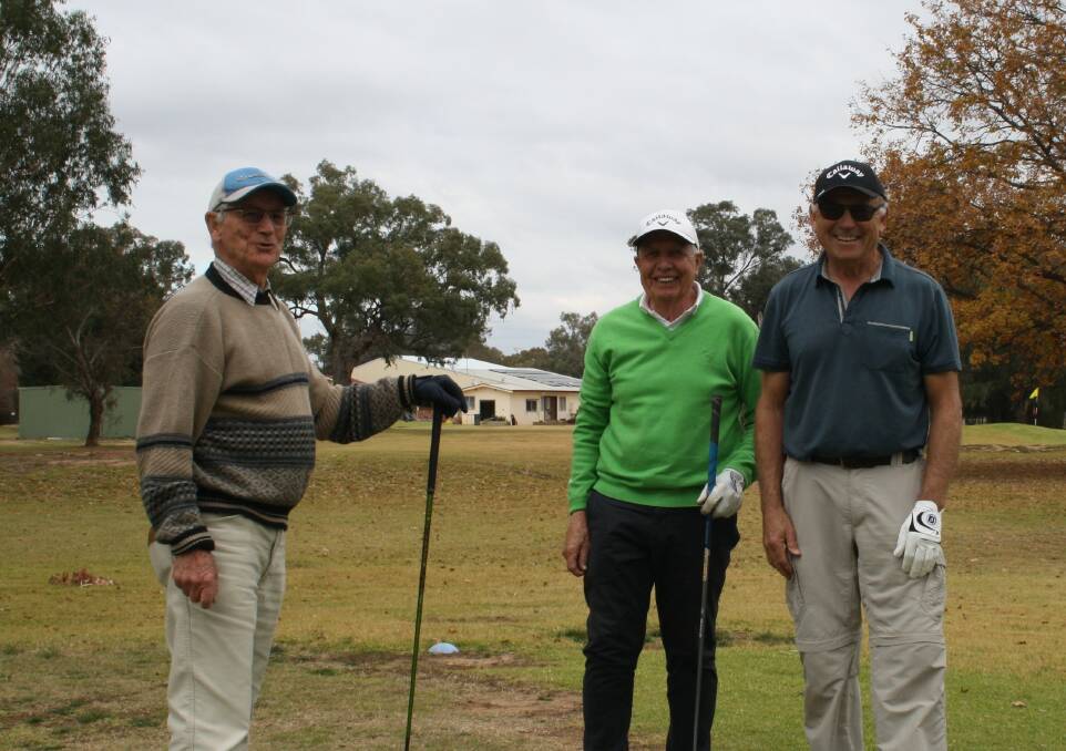TEE TIME: David Manning, Geoff Errey and Peter Hedberg after driving off from the 15th tee at Wellington golf course last Monday.