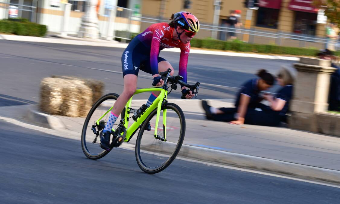 PEDAL POWER: Emily Watts in action during this year's Bathurst Cycling Classic division one women's criterium held at Kings Parade. Bikes will be returning to the same venue next March. Photo: ALEXANDER GRANT