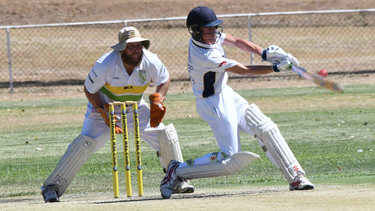 TAKE THIS: Ben Cant dispatches this delivery against CYMS on Saturday at SASC Scots Campus. Cant top scored with 89 for St Pat's Old Boys in just his second innings in Bathurst Orange Inter District Cricket. Photo: CHRIS SEABROOK