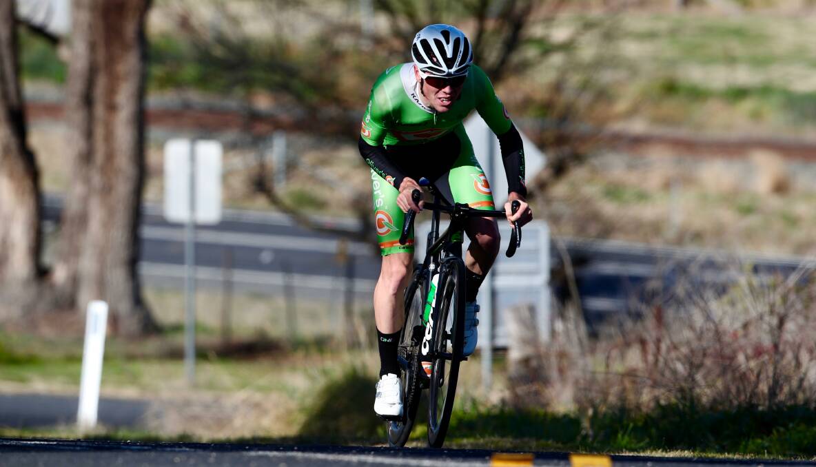 SCRATCH ATTACK: Will Hodges powers towards the finish in Saturday's first Bathurst Cycling Club event since coronavirus restriction were put in place. Hodges won the race from scratch in challenging conditions ahead of Mark Windsor. Photo: PHIL BLATCH