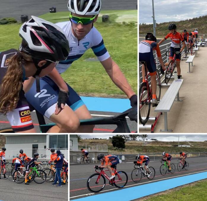 WORK WITH A PRO: Mark Renshaw (top left) was on hand to help guide Western Region Academy of Sport riders through madison slinging practice during their camp at the Bathurst Velodrome. Photos: BATHURST CYCLING CLUB