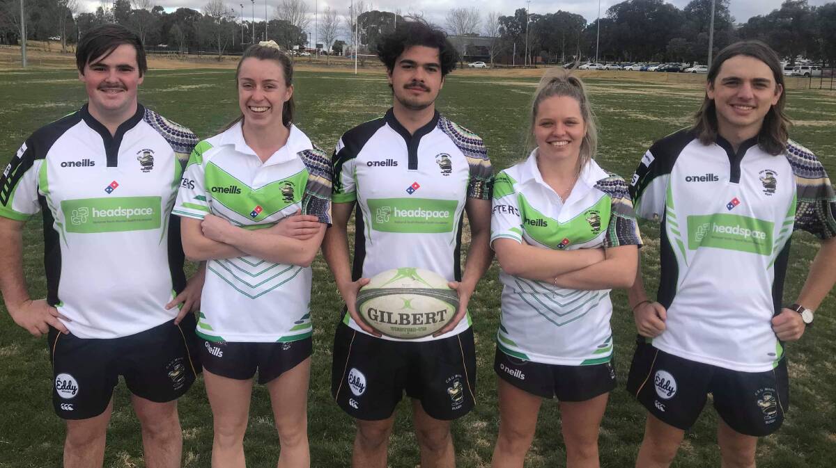 GREAT CAUSE: Andrew Dowe, Grace Fairall, Daniel Adamson, Georgia Bennett and Lachlan Harper sporting the jerseys for this Saturday's matches.