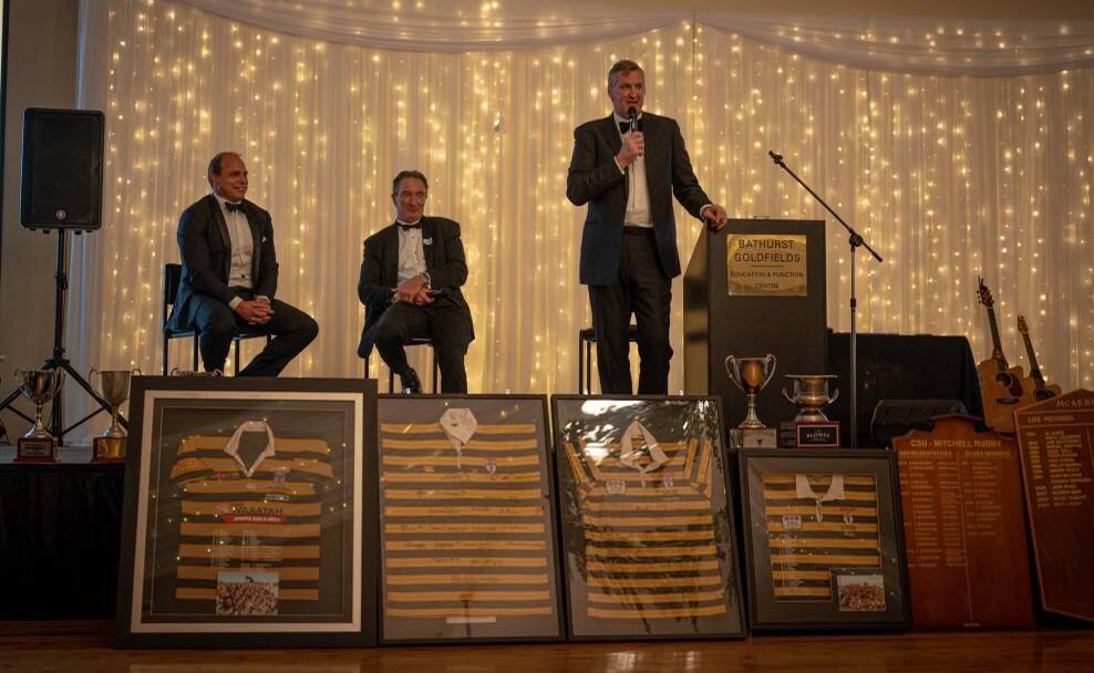 A GREAT NIGHT: Guest speakers at CSU Mitchell Rugby's 50th anniversary celebrations, Phil Waugh, Tim Sheridan and Justin Harrison. Photo: CONTRIBUTED