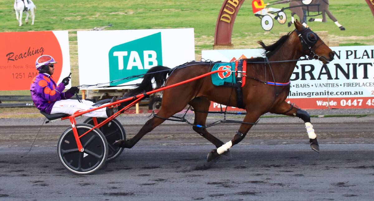 WOW: Doug Hewitt drives Bell River Boy to a huge victory in the Garrads Rio Meteor Gig Final (2,120m) at Dubbo. Photo: COFFEE PHOTOGRAPHY