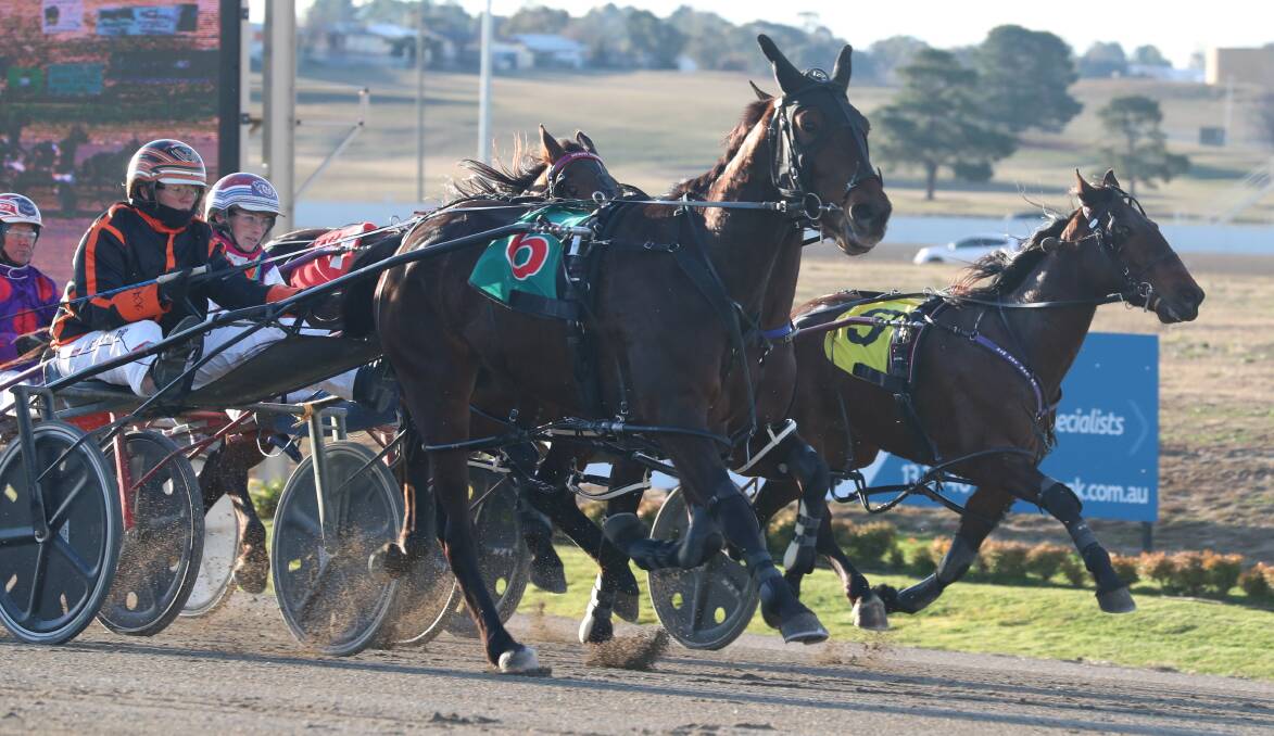 CAN'T STOP ME: CC Jones (closest to camera) races home to victory in Wednesday night's Go The Blues Pace (1730 metres) ahead of favourite Aintnobettor. The winning margin was 2.1m. Photo: PHIL BLATCH