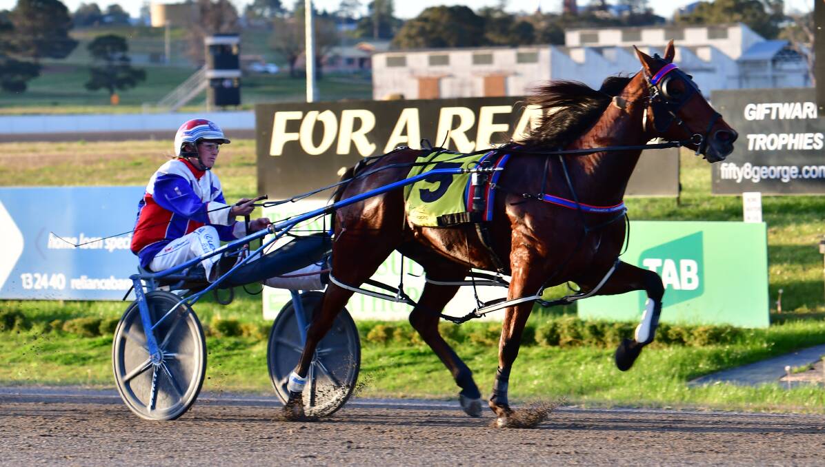 EASY: Chasing The Wind casually strolls across the line to win the opening event at Bathurst Paceway on Wednesday night. Photo: ALEXANDER GRANT