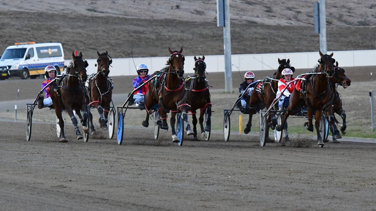 HOME STRETCH: Whos Driving (centre, blue wheels) held off Smiling Sam (left) in a photo finish at Bathurst Paceway. Photo: ALEXANDER GRANT
