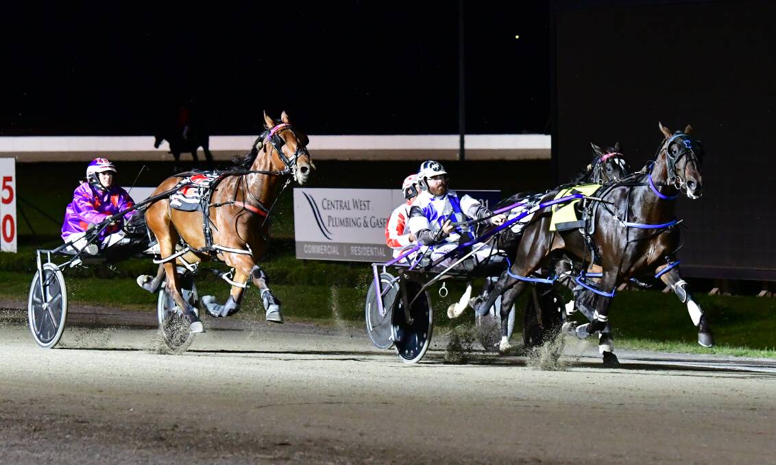 LED ALL THE WAY: Rainbow Titan charges towards the winning post at Bathurst Paceway on Wednesday night. Photo: ALEXANDER GRANT