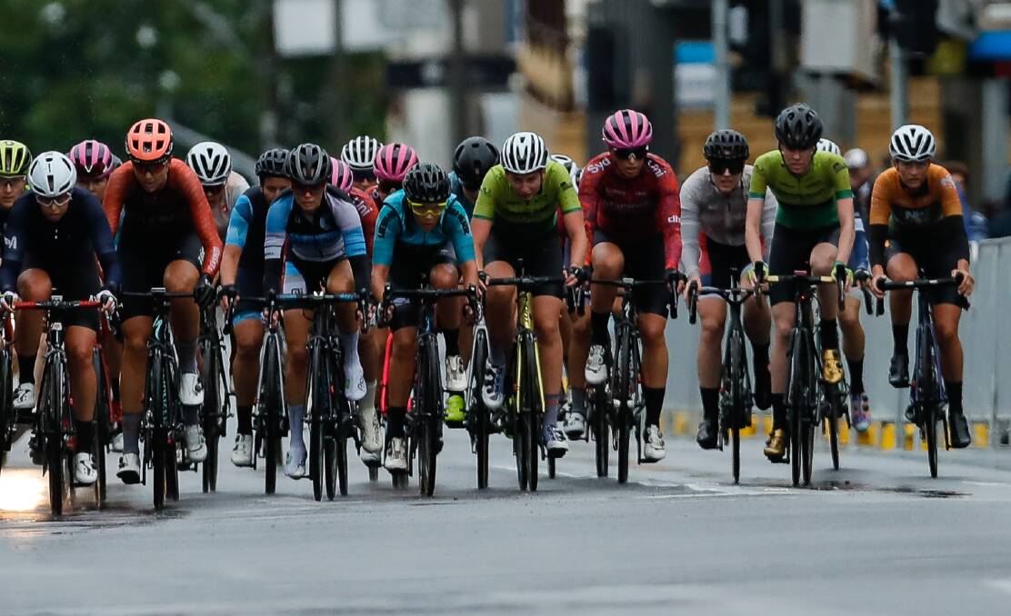 FRONT OF THE BUNCH: Emily Watts (second from right) takes part in Friday's women's elite and under 23s criterium. Photo: CON CHRONIS