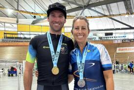 Craig Hutton and Toireasa Gallagher at the NSW Masters Track Championships. Picture by Bathurst Cycling Club.