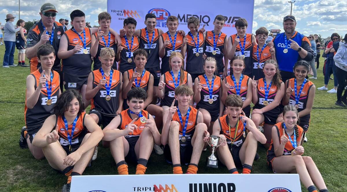Bathurst Giants celebrate their under 14s grand final victory on Sunday at Waratahs. Picture by Bathurst Giants.
