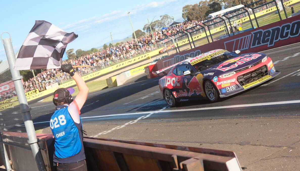 Shane van Gisbergen crosses the finish line to win his third Bathurst 1000. Picture by James Arrow.