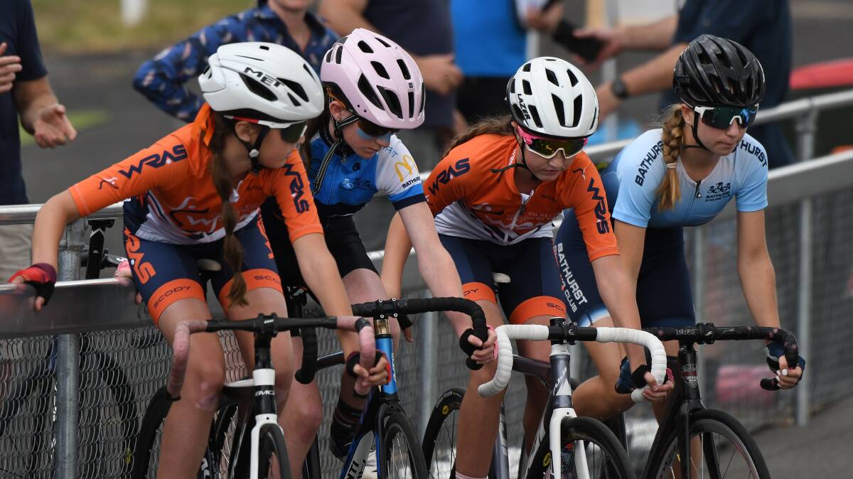 Riders get ready to go during Saturday's racing at the Bathurst Velodrome. Picture by James Arrow.