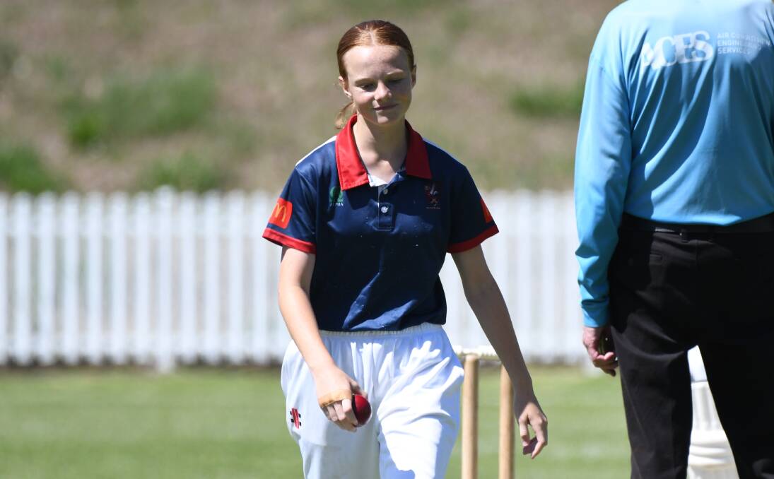 Lily Railz walks back to the mark while bowling in Sunday's win for the Western Girls over Mudgee. Picture by James Arrow.