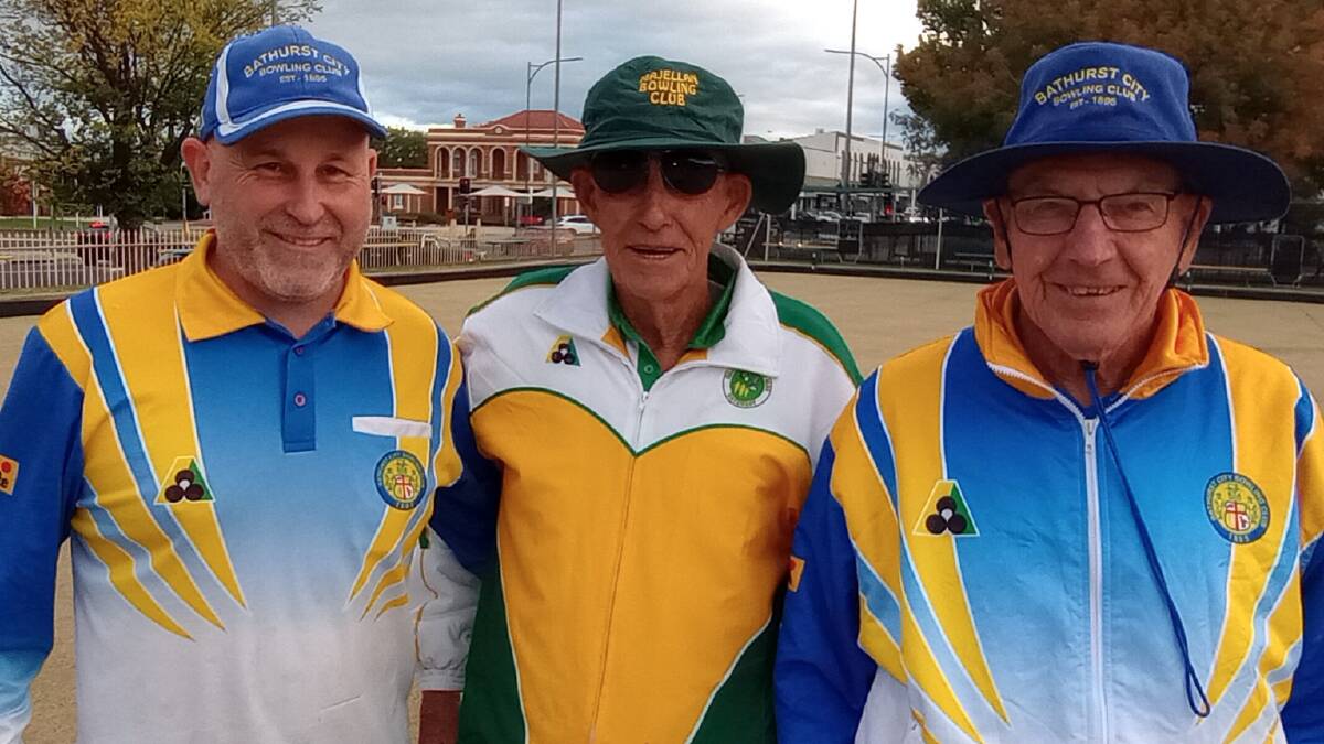 Anthony Morrissey, Mick Sewell and Jack Smith took out the ANZAC Triples Tournament. Picture by Bathurst City Bowling Club.