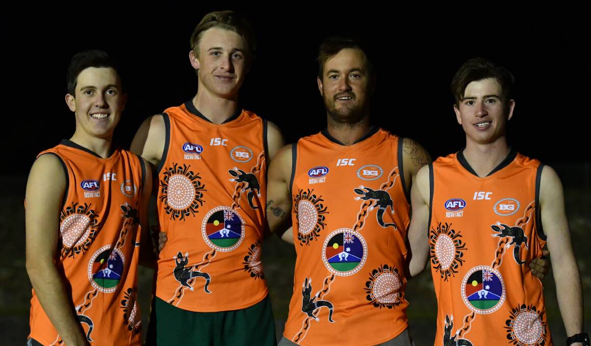 SPECIAL DESIGN: Bailey Brien, Mitch Taylor, Paul Jenkins and Oscar Mann displaying the Indigenous jerseys Bathurst Giants will wear for their match against the Dubbo Demons this Saturday. Photo: ALEXANDER GRANT