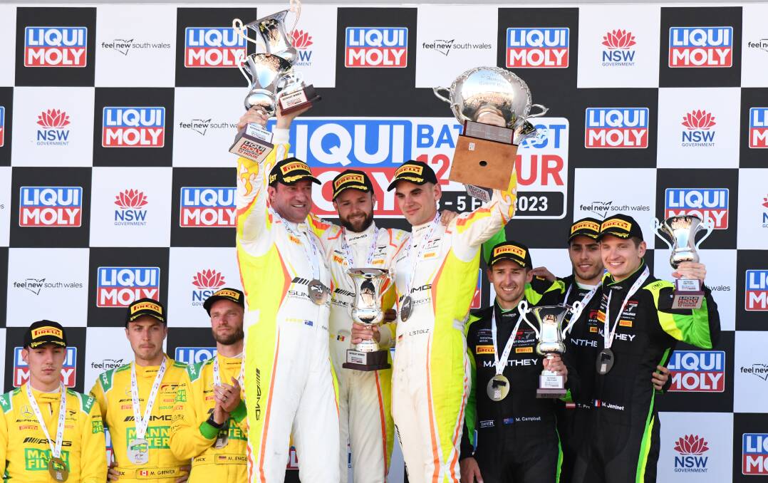 Kenny Habul, Jules Gounon and Luca Stolz (centre) celebrate their Bathurst 12 Hour win. Picture by Chris Seabrook.