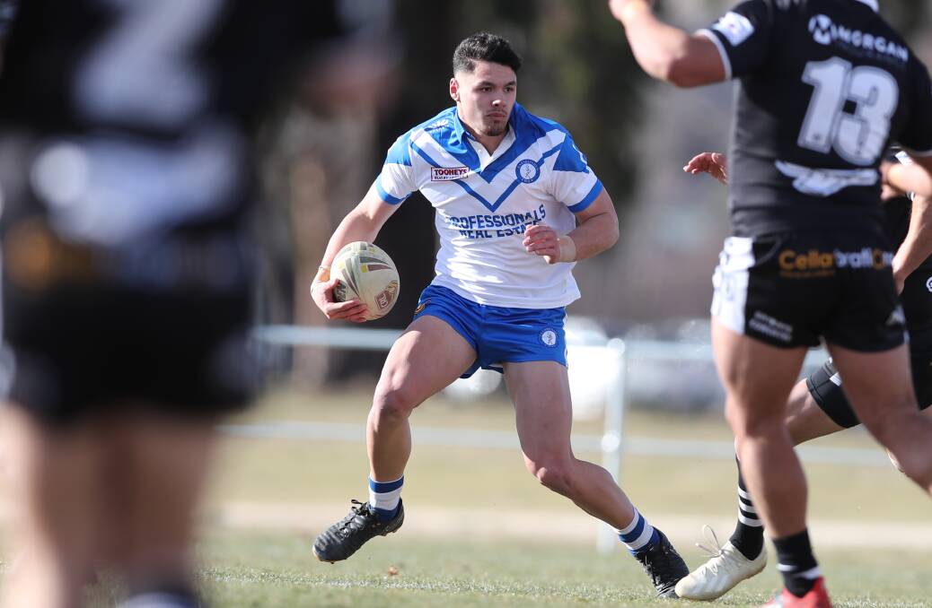 LOOKING: St Pat's fullback Mick Latu makes a run at the Cowra Magpies' line during Saturday's Group 10 premier league game at Jack Arrow Oval. Photo: PHIL BLATCH