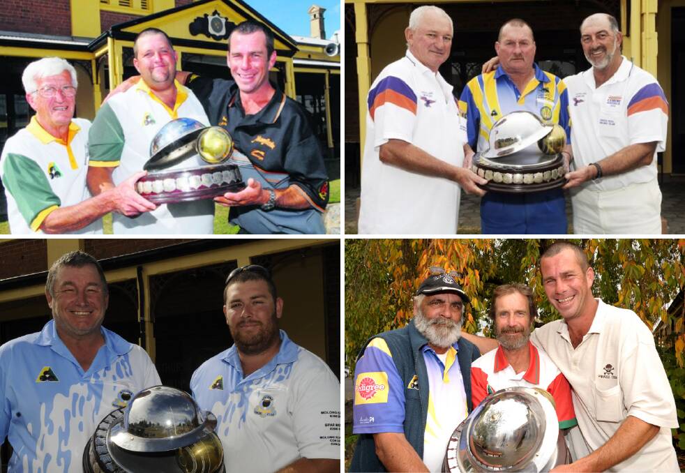 PAST CHAMPS: The ANZAC Triples trophy is an iconic piece of Bathurst silverware many bowlers would love to win. Pictured, clockwise from top left, are the winners from 2010, 2012, 2014 and 2013.