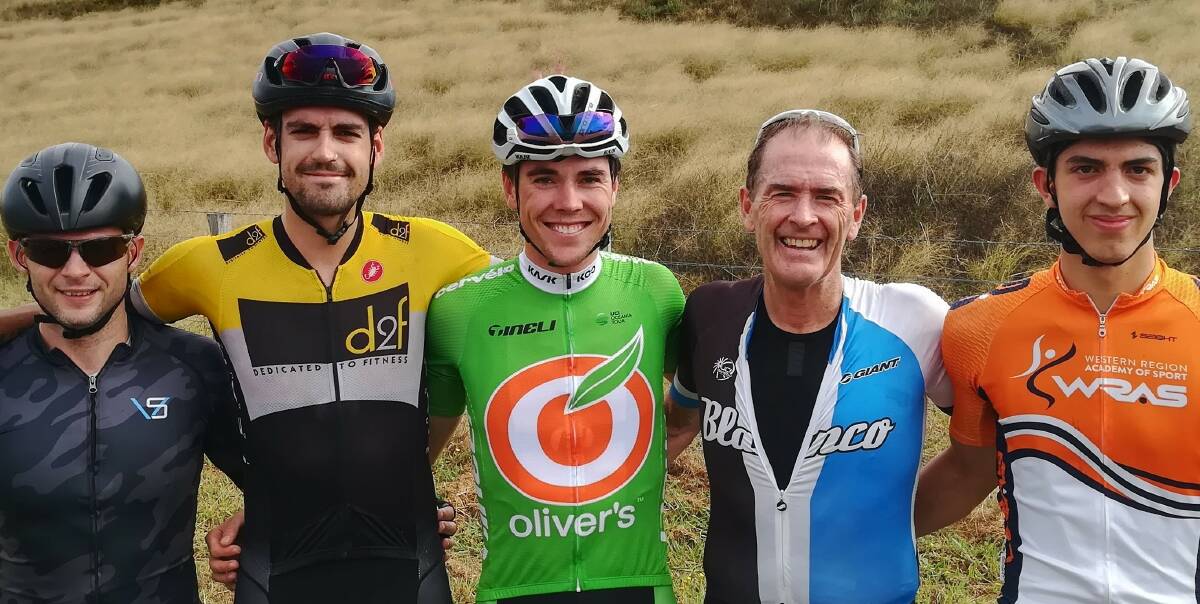 LEADING GROUP: The A grade top five of Stuart Renshaw, Brad Rayner, Will Hodges, Mark Windsor and Daniel Googe following the second round of the Bathurst Road Series. Photo: CONTRIBUTED