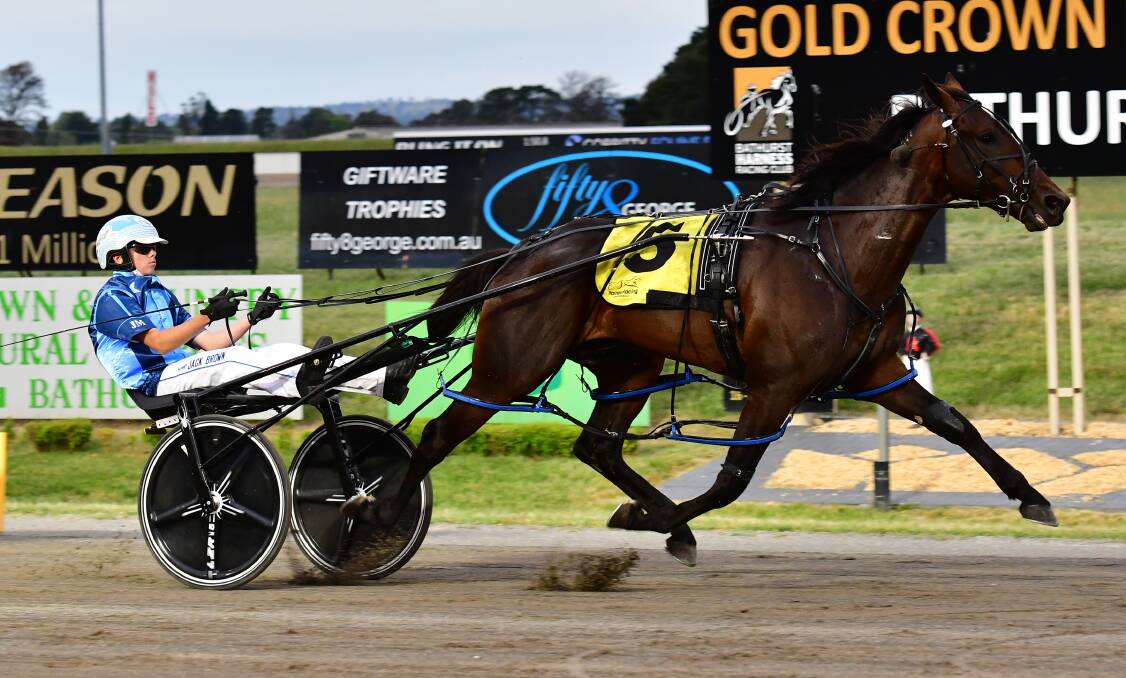 TOO EASY: Stravinsky strolls over the finish line in his dominant Bathurst Paceway win on Wednesday. Photo: ALEXANDER GRANT