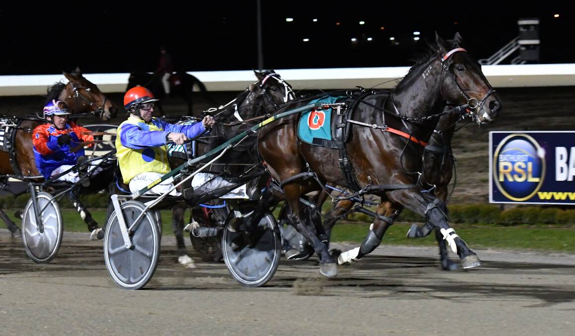 IDEAL SPRINT: Thats Ideal starts to burst clear of the field inside the final 50m of Wednesday night's Shannon Springs Pace. Photo: ALEXANDER GRANT