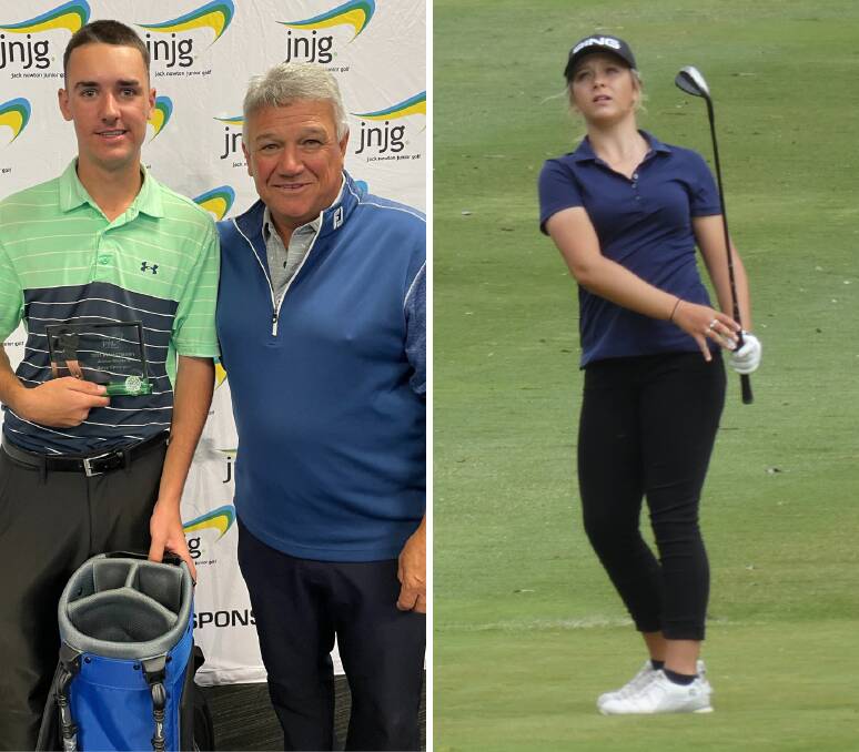 BIG MARGINS: Boys championship winner Jake Riley pictured with Peter O'Malley and girls championship winner Ella Scaysbrook out on the Bathurst course. Photos: JACK NEWTON JUNIOR GOLF
