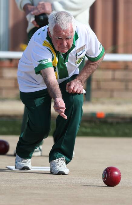 OFF IT GOES: Trevor 'Tiger' Smith during a recent round at the Majellan Bowling Club. Photo: PHIL BLATCH