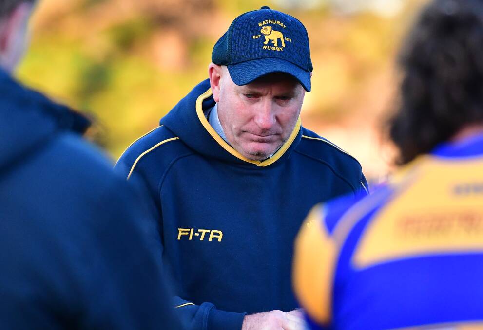 GOT TO LIFT: Dean Oxley addresses the team following the Bathurst Bulldogs' loss to the Cowra Eagles at Ashwood Park. Photo: ALEXANDER GRANT
